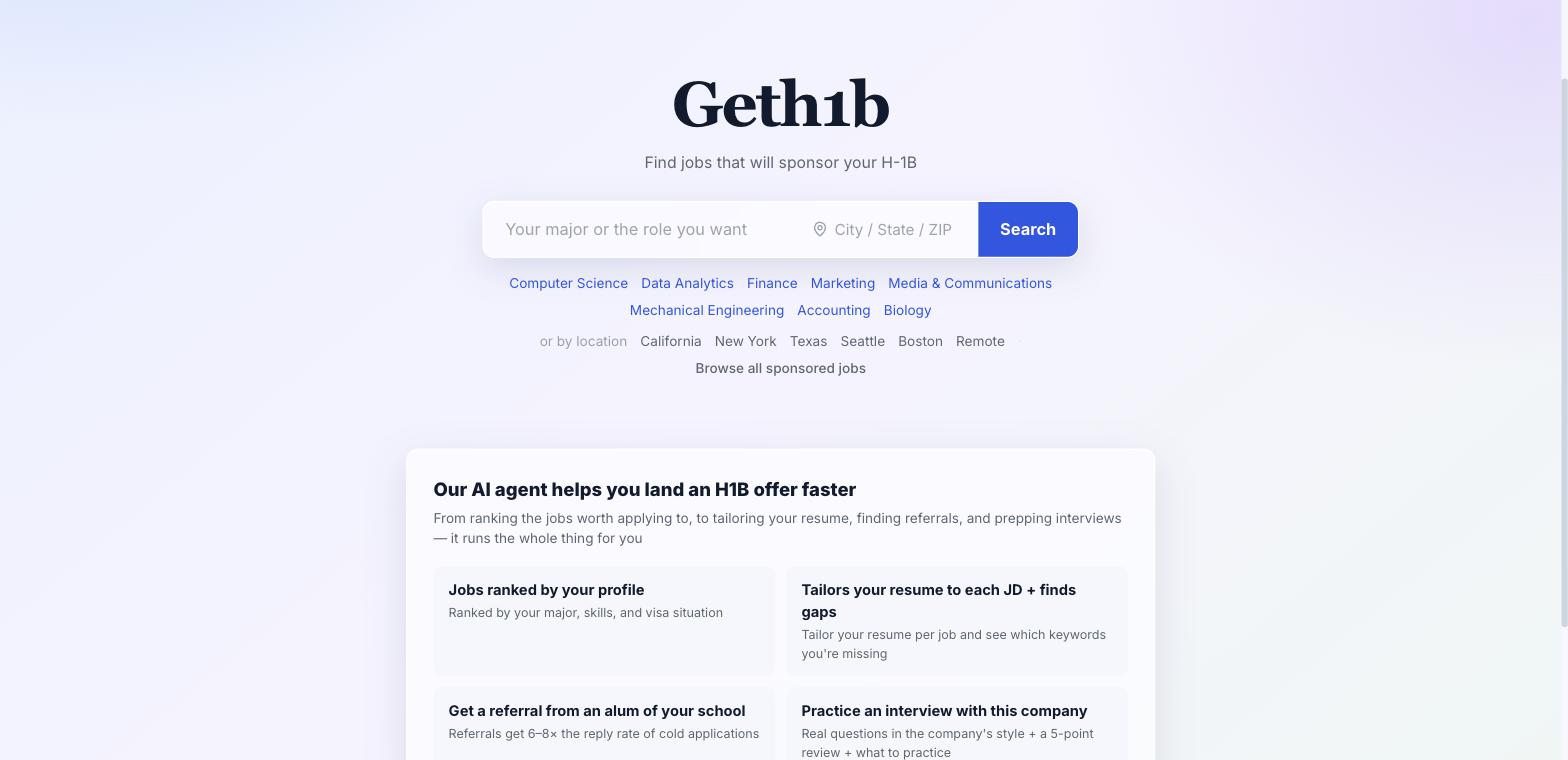 Geth1b home page with search and the four agent capabilities