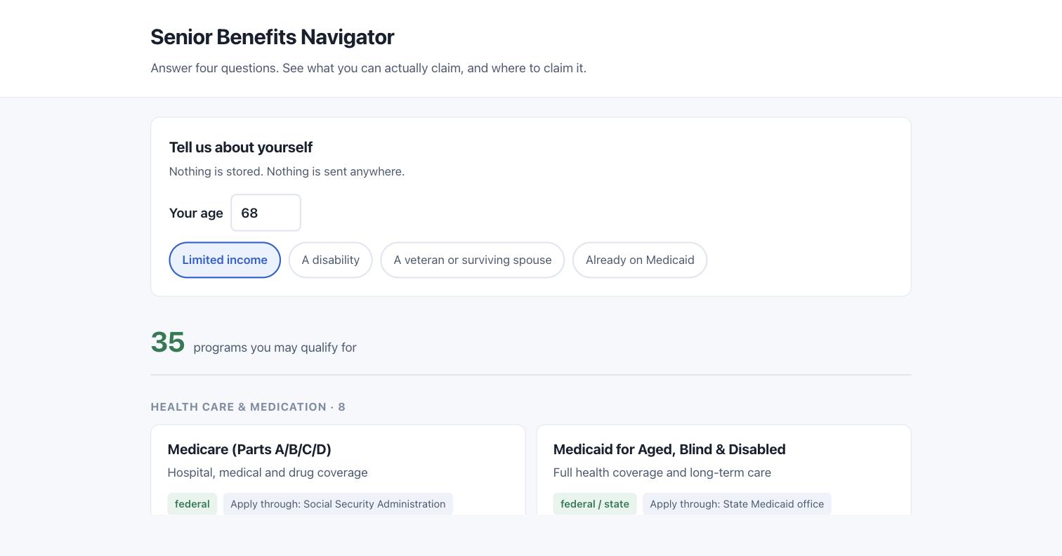 Senior Benefits Navigator matching a 68-year-old to 35 programs